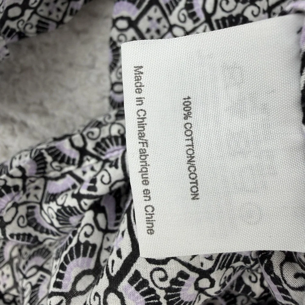 Tory Burch Button Up Shirt Womens 4 Black Geometric Print Roll Tab Sleeve Top